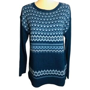 CHAPS Women's Long Sleeve Indigo Blue Print Crew‎ Neck Sweater Size M
